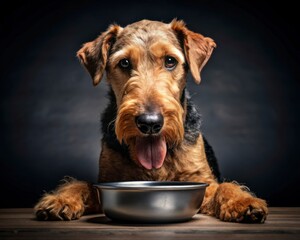 Wall Mural - Airedale Terrier dog sitting on a dark smoky background and eating from a bowl.