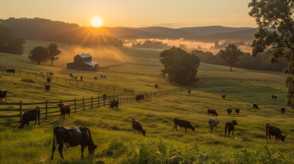 Wall Mural - Rural landscape at dawn. Farming village in sunlight. Concept of nature, agriculture.