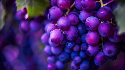 Wall Mural - A closeup of purple grapes, vibrant and juicy, symbolizing the richness in color and content found within wine. The background is blurred to emphasize the grape's vivid hues.