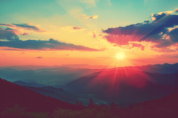Panoramic view of colorful sunrise in mountains. Filtered image:cross processed vintage effect.
