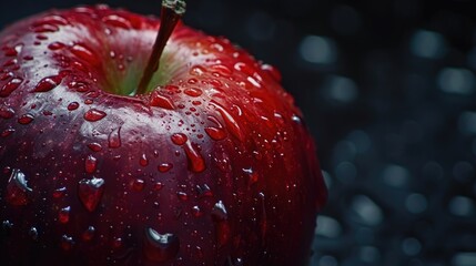 Canvas Print - Macro photograph of a ripe red apple with a water droplet on a dark background