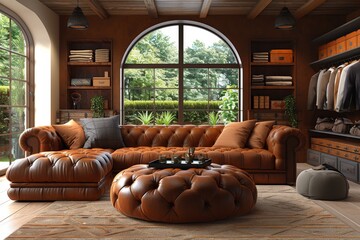 Poster - Cozy living room with leather sofas and wooden accents, creating a warm and inviting atmosphere perfect for relaxation and comfort