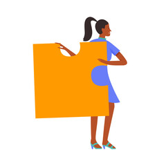 Wall Mural - Girl in dress holding one yellow puzzle piece, solution of tiny young female character vector illustration