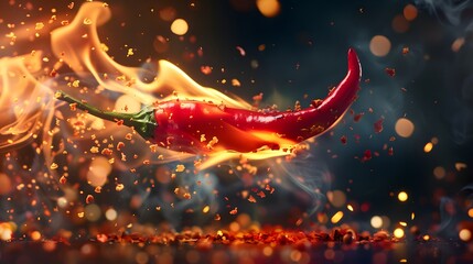 A close-up capture of a fiery red chili pepper with flames dancing along its edges.