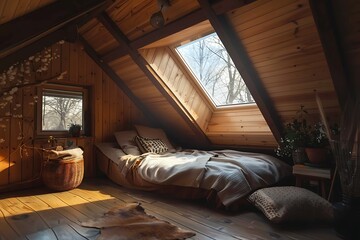 Wall Mural - A cozy attic bedroom with slanted ceilings and a skylight.