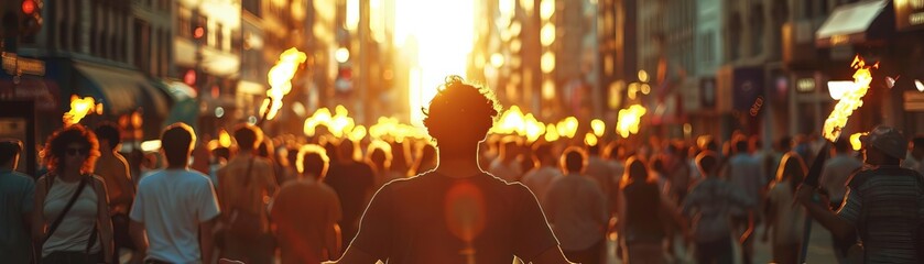 Dynamic street performer juggling flaming torches, captivating onlookers with their skill and showmanship on a busy street