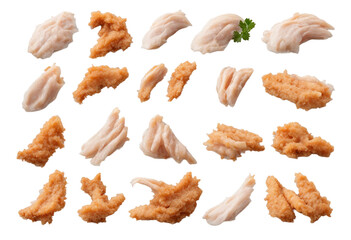 Set of raw and fired chicken strips isolated on transparent background