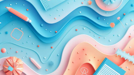 Wall Mural -  modern, minimalist education background featuring gradient waves in soft, contemporary colour schemes such as pastel blues and pinks. Integrate subtle, abstract icons of school supplies 