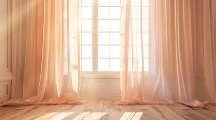 Wall Mural - Backlit window with delicate beige-pink translucent curtains in an empty room. 