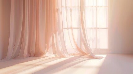 Wall Mural - Backlit window with delicate beige-pink translucent curtains in an empty room. 
