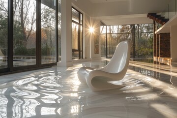 Sticker - Sunlit room with a modern white chair and expansive windows, creating a bright and minimalist environment perfect for relaxation and contemplation