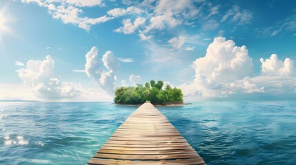 Wall Mural - Beautiful tropical landscape background, concept for summer travel and vacation. Wooden pier to an island in ocean against blue sky with white clouds, panoramic view.