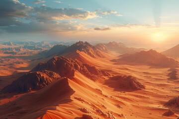 Poster - A surreal desert landscape bathed in golden sunlight, with towering sand dunes stretching as far as the eye can see. Concept of desert adventure and tranquility. Generative Ai.