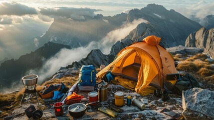 An assortment of camping equipment arranged atop a mountain, featuring a tent, backpack, and cooking gear