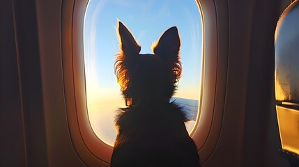 Sticker - Dog looking out of an airplane window, enjoying the view. Silhouette of a dog in flight during sunset. Perfect for travel and pet-related concepts. AI