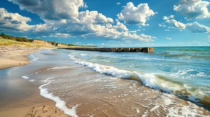 Wall Mural - Breakwaters stretch along a sunny European beach, their sturdy structures contrasting with the soft sand and vibrant blue sea