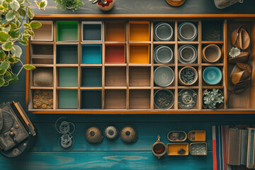 Wall Mural - A wooden tray with many different colored containers on it