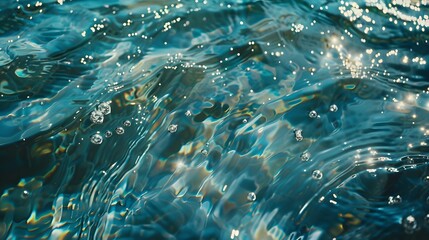Transparent blue clear water surface texture with ripples, splashes and bubbles.