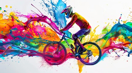 Silhouette of bicyclist with color ink splash elements. Bicycle watercolor paint splash. Flying cyclist in a helmet.