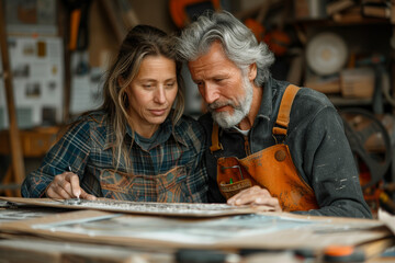 Canvas Print - Husband and wife collaborating on a home renovation project, building memories along the way. Concept of teamwork and nostalgia. Generative Ai.