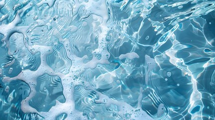 Transparent blue clear water surface texture with ripples, splashes and bubbles.