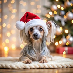 Wall Mural - Chinese Crested breed dog wearing Santa hat on blurred Christmas background.