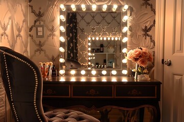 Wall Mural - A glamorous makeup vanity with Hollywood lights and a tufted chair.