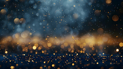 Wall Mural - Abstract navy blue blurred background with bokeh and gold glitter header footers. Copy space.
