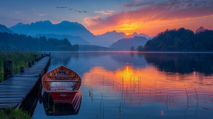 Wall Mural - Serene lakeside at sunset. wooden dock stretching into the tranquil water. small rowboat