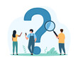 © Iconic Prototype - Research query, analysis of information and search for answer to question, FAQ. Tiny curious people look through magnifying glass at question mark, investigate problem cartoon vector illustration
