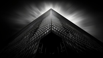 A black and white photo of a building with a large window on the top