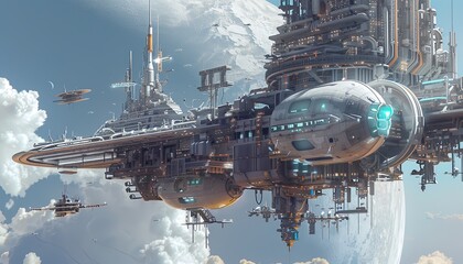 a futuristic space station with a large white ship flying in the sky