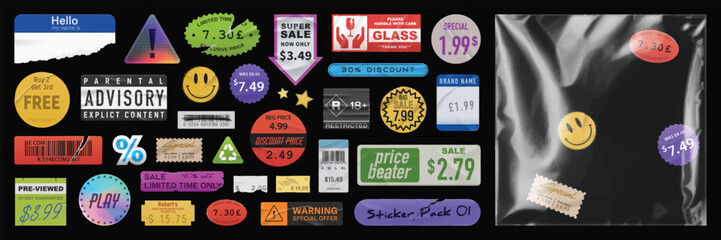 trendy sticker pack with vinyl plastic wrap overlay. vector sale and price vintage stickers. torn re