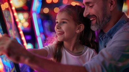Wall Mural - Happy girl and her father playing arcade games with bright lights in the background realistic hyperrealistic  
