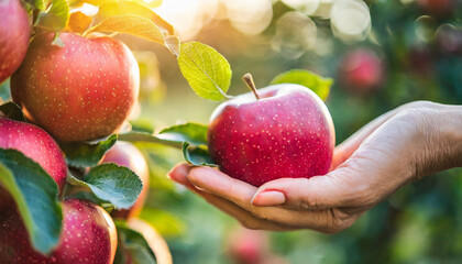 Poster - woman's hand picking ripe red apples, symbolizing organic food and harvesting