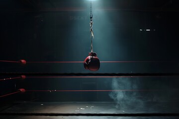 Canvas Print - A lone boxing glove hanging from the ceiling of a darkened ring, illuminated by a single spotlight.