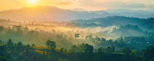 View on the mountain slopes with green trees misty mist