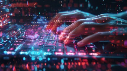 future of technology with a close-up of hands typing on a transparent keyboard, surrounded by holographic code, symbolizing innovation and digital transformation.