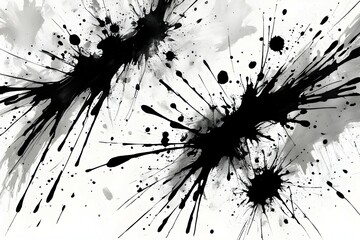 The image is a black and white photo of splatters of paint on a white background