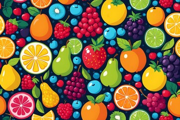 A colorful fruit pattern with a variety of fruits including oranges, apples