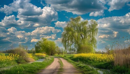 Wall Mural - dreamy spring landscape with blooming willow branches road blue sky clouds and garden soft focus