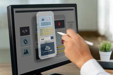 Wall Mural - creative web content design studio with flying website page layout seo technology businessman hand d