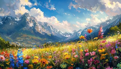 Wall Mural - enchanting meadow landscape with vibrant wildflowers and distant mountains digital painting