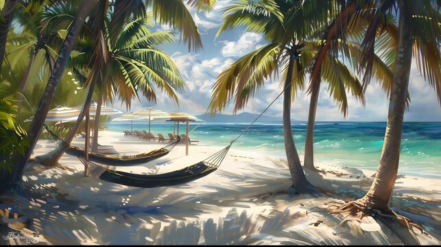 Tropical beach concept made of coconut fruit and sun umbrella. 