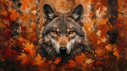 nature-inspired art, gorgeous oil painting features a wolf seamlessly merging with the autumn woodland, highlighting vibrant natural hues and textures