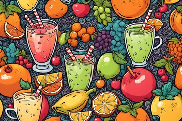 Wall Mural - A colorful image of fruit and drinks with a theme of healthy living