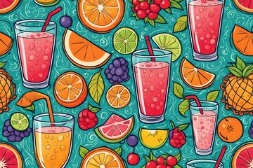 Wall Mural - A colorful drink pattern with a variety of fruits and a glass of juice