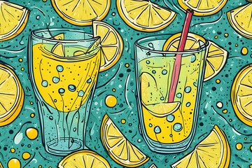 Wall Mural - A cartoon drawing of two glasses of lemonade with straws in them