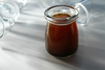 Close up of jelly pudding made up of caffeine as dessert