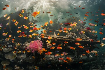 Wall Mural - A vibrant coral reef teeming with colorful fish emerging from a shipwreck.